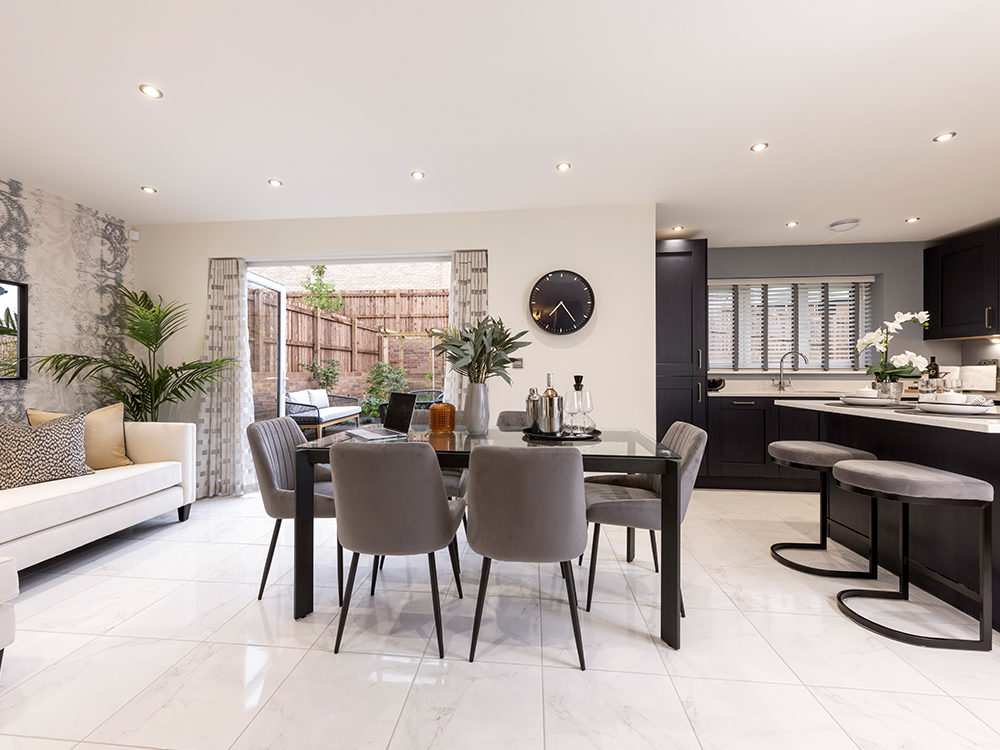 The Birches Sanderson Show Home Kitchen and Dining Room with Bi-Fold doors, Edgehill Park, Whitehaven