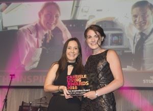 Easyjet pilot Kate McWilliams, right, received the Carlisle Living Inspirational award from sponsors Story Homes representative Hayley Blair