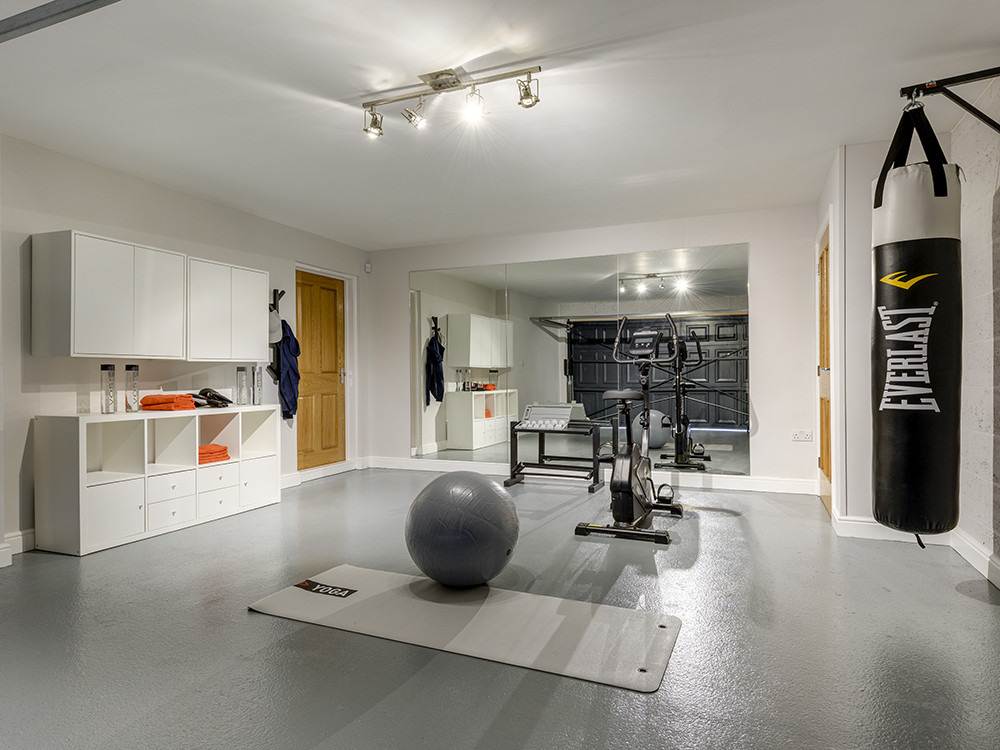 Garage which has been converted to a gym