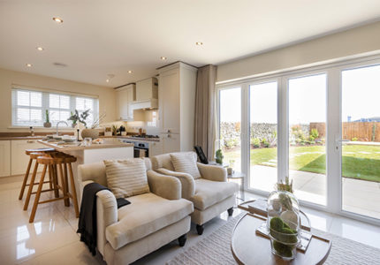 The kitchen, dining & family area in The Wilson show home at Fellside Manor in Endmoor