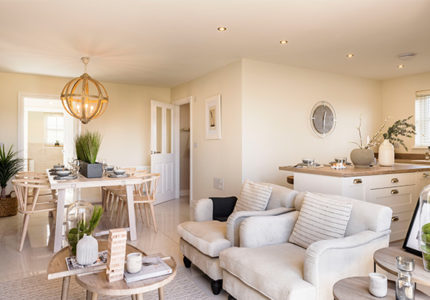 The kitchen, dining & family area in The Wilson show home at Fellside Manor in Endmoor, Kendal