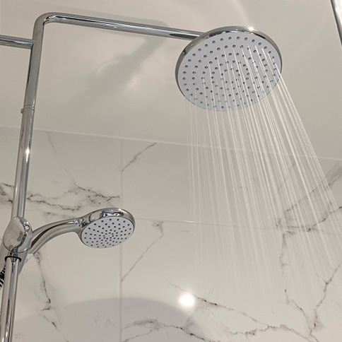 Waterfall shower in a Story home