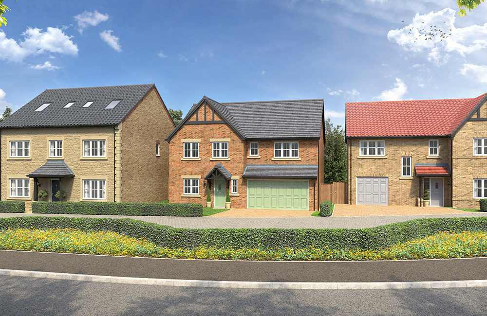 CGI Street scene of new development Riverbrook Gardens in Alnwick - Story Homes