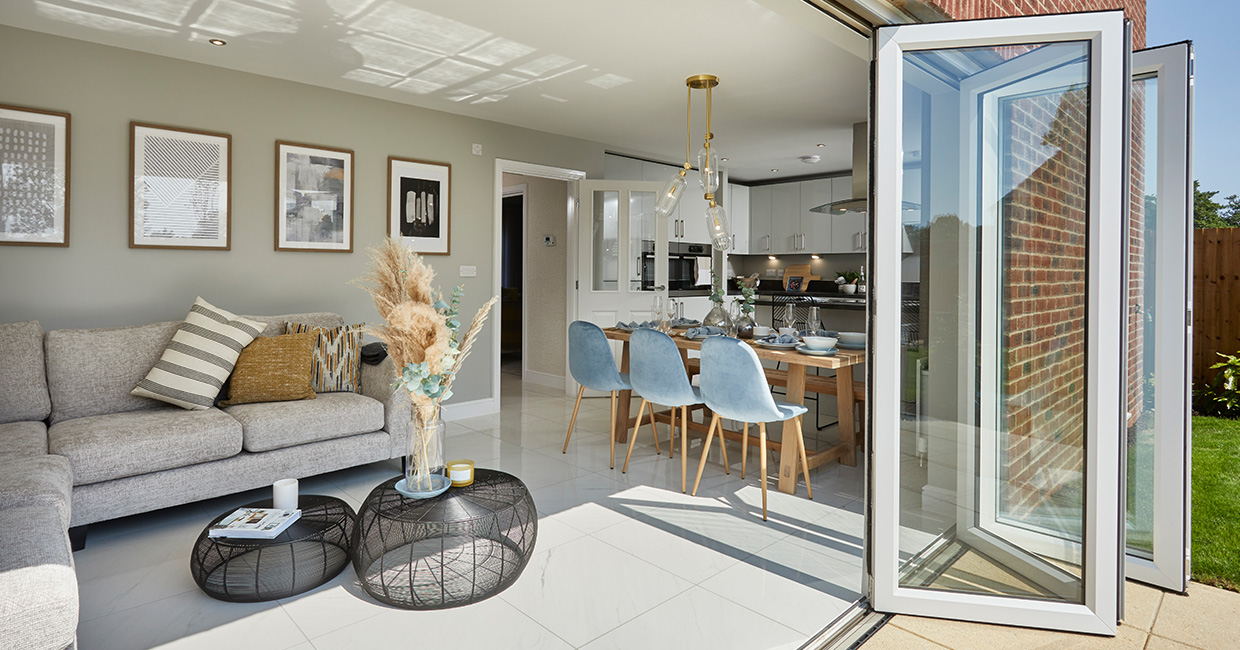 The Harrison bi-fold doors into the kitchen, dining and family area in the show home at Elston Park