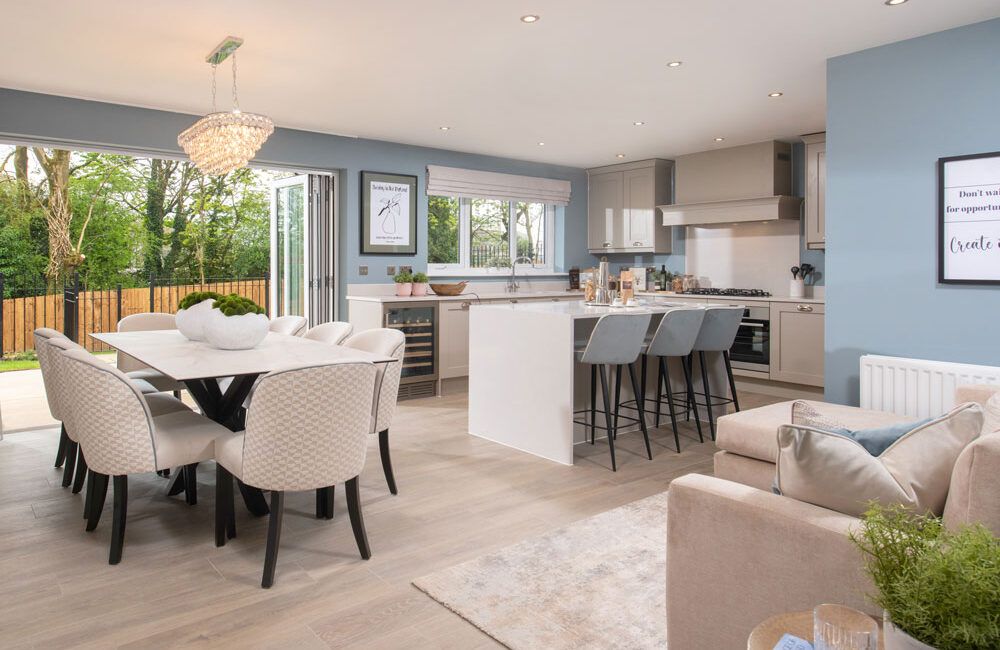 The kitchen/dining/family area in The Cranford show home at Brigsteer Rise | Story Homes