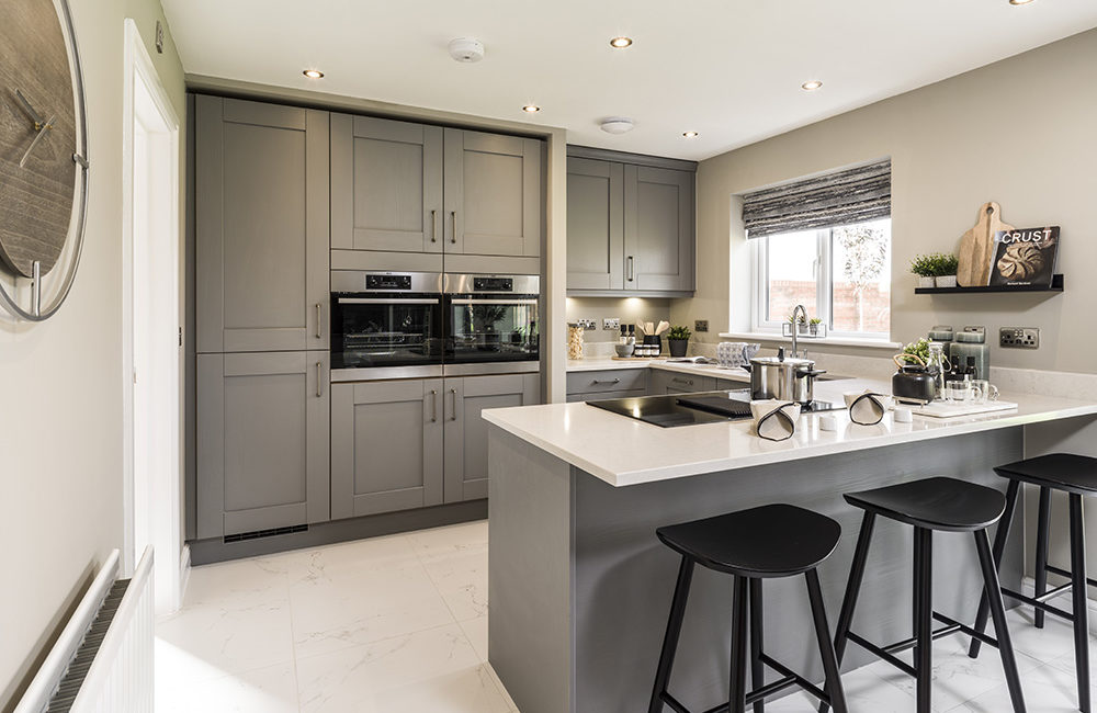 The kitchen in The Hewson show home at Tithe Gardens