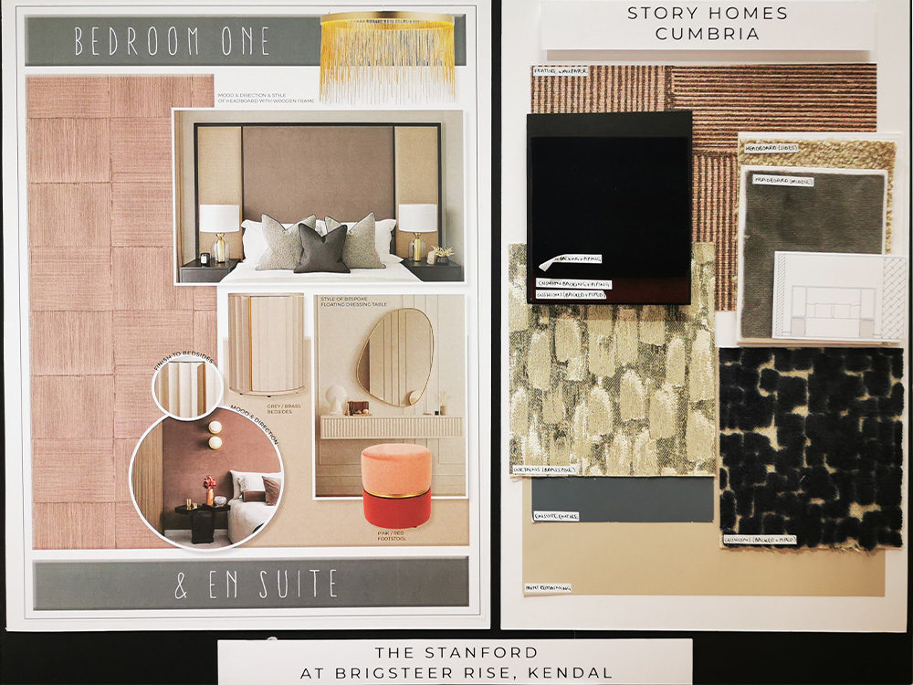 Interior Designer's moodboards of the bedroom one in The Stanford show home at Brigsteer Rise in Kendal