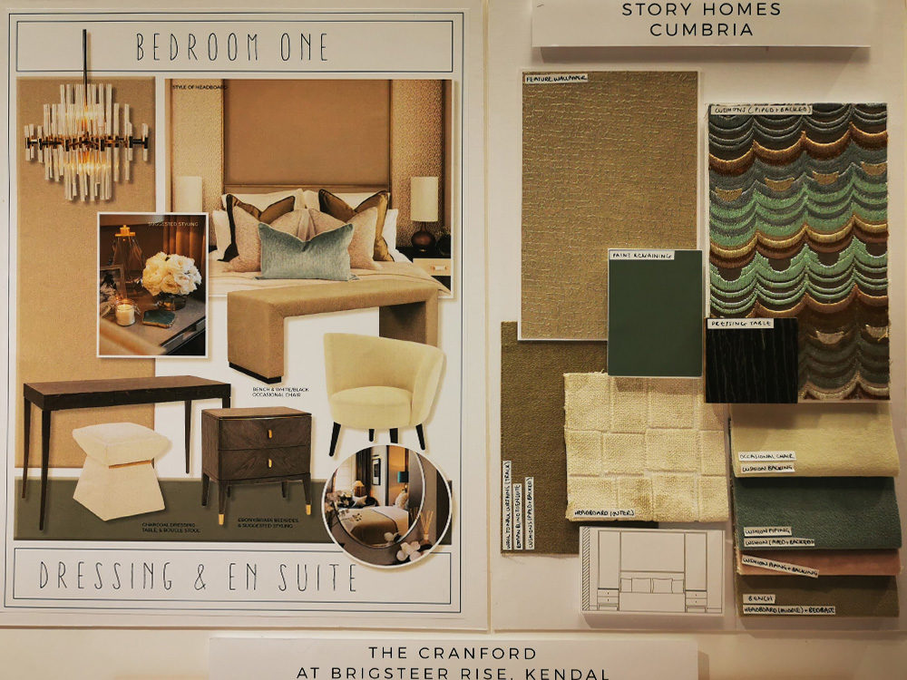 Interior Designer's moodboards of the bedroom one in The Cranford show home at Brigsteer Rise in Kendal