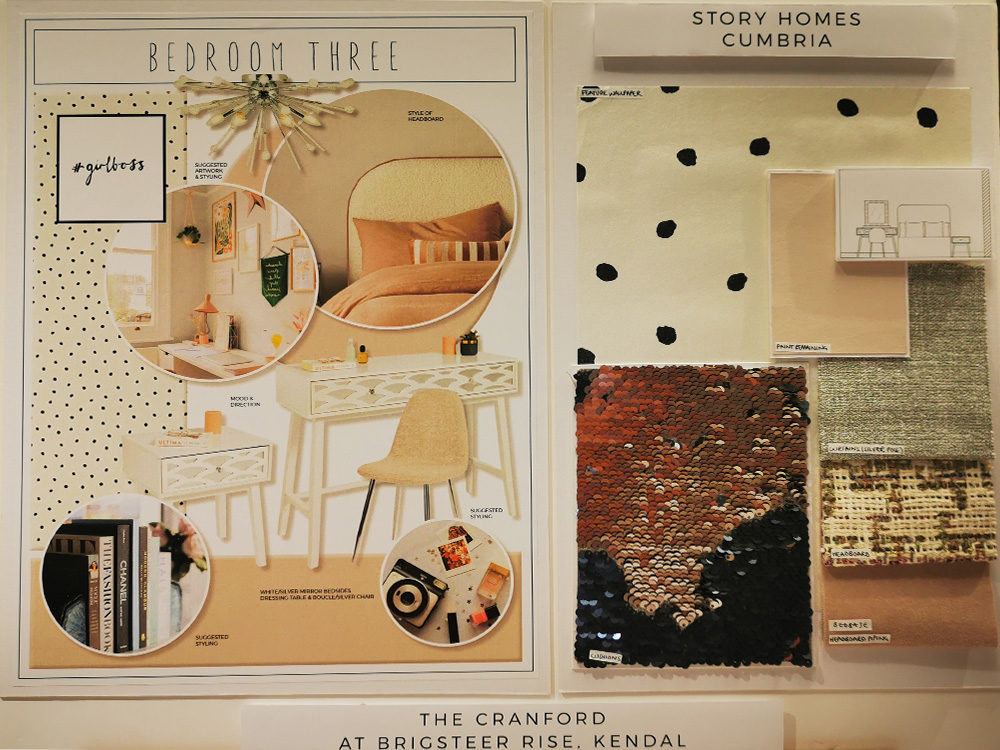 Interior Designer's moodboards of the bedroom three in The Cranford show home at Brigsteer Rise in Kendal