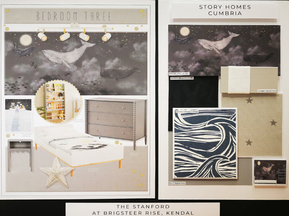 Interior Designer's moodboards of the bedroom three in The Stanford show home at Brigsteer Rise in Kendal