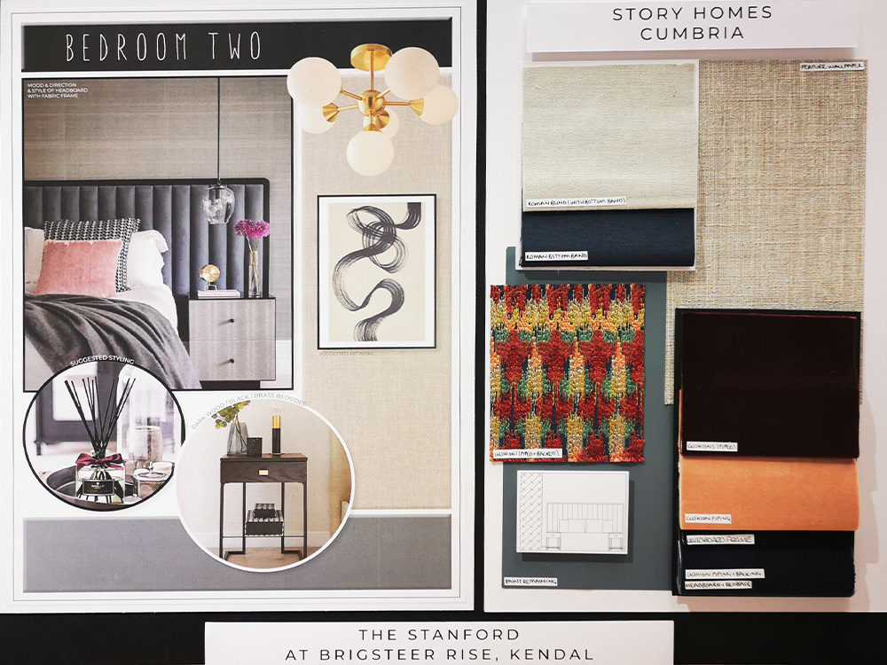 Interior Designer's moodboards of the bedroom two in The Stanford show home at Brigsteer Rise in Kendal