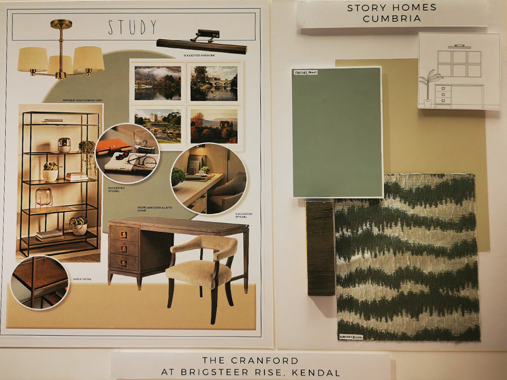 Interior Designer's moodboards of the study room in The Cranford show home at Brigsteer Rise in Kendal