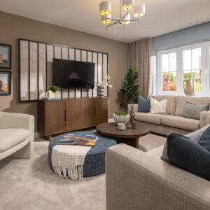 Living room in the Harrison show home at Elmbrook Park, Coppull.