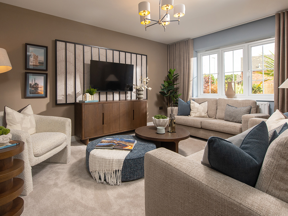 Living room in the Harrison show home at Elmbrook Park, Coppull.