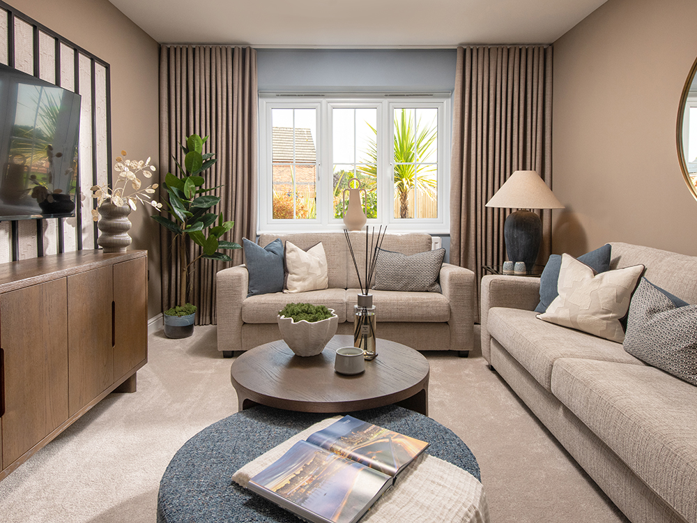 Living room in the Harrison show home at Elmbrook Park, Coppull.