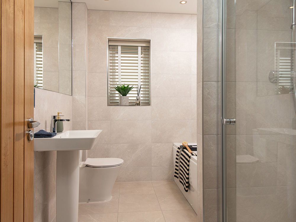 Main bathroom in the Harrison show home at Elmbrook Park, Coppull.