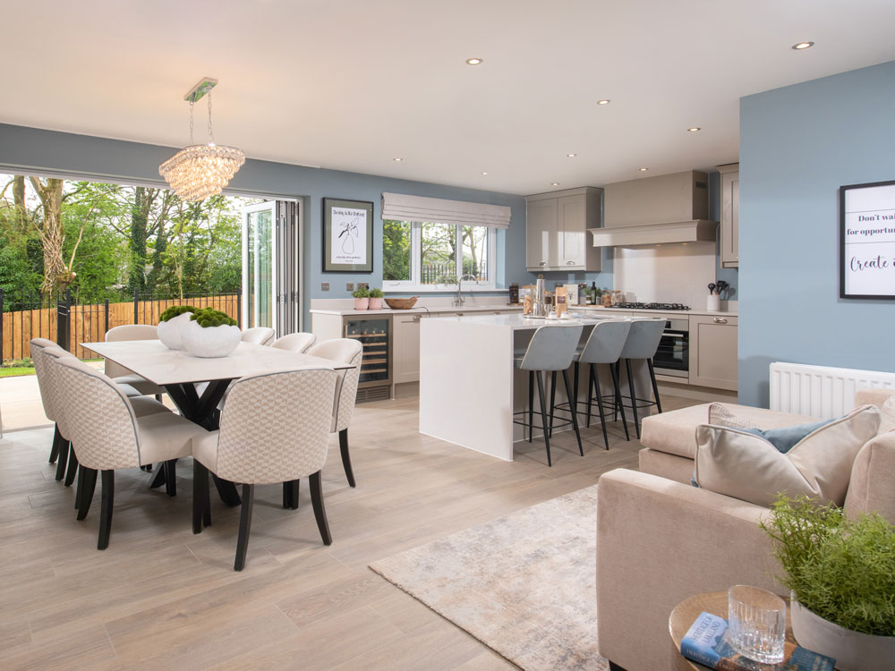 Kitchen and open plan living space in the Cranford Story home