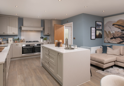Kitchen and open plan living space of The Cranford, by Story Homes.