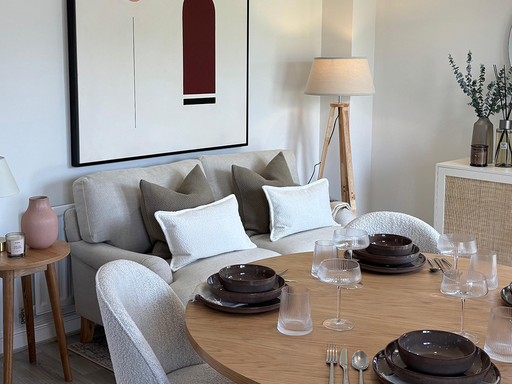 Close-up photo of DUSK lounge furnishings.