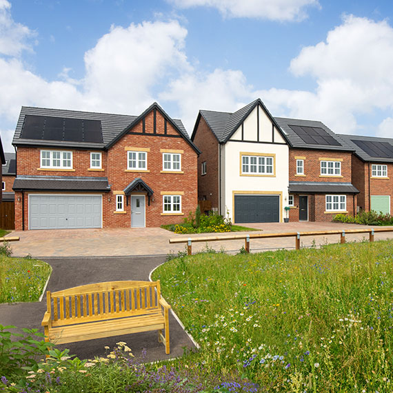Longton Grange street scene with bench and flowers