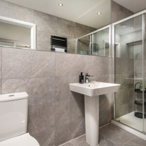 A view of an En-suite bathroom, in bedroom 2, in a Lawson show home at Stonebrook Meadows, Story Homes.