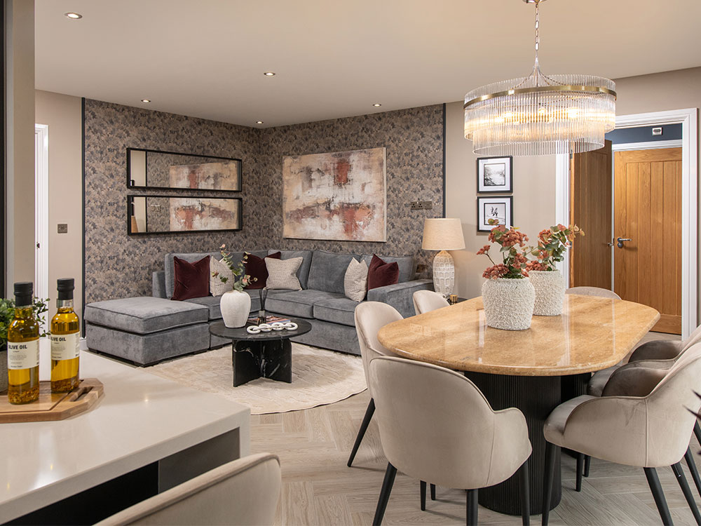 A view of the family and dining area, in a Lawson show home at Stonebrook Meadows, by Story homes.
