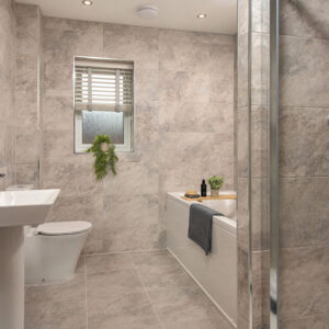 A view of the main bathroom in a Lawson show home at Stonebrook Meadows, by Story Homes.