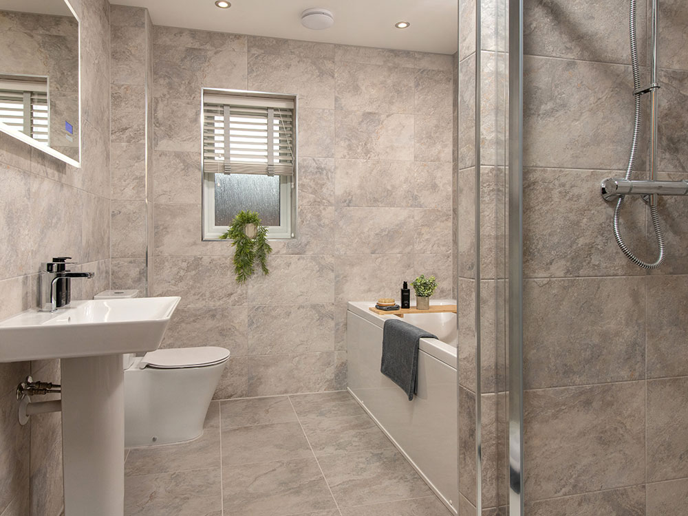 A view of the main bathroom in a Lawson show home at Stonebrook Meadows, by Story Homes.