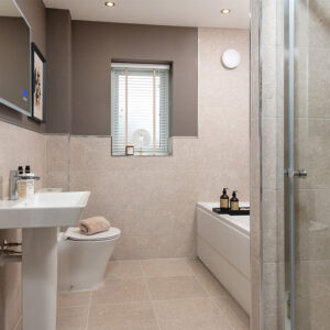 A view of the main bathroom in a Sanderson show home, at Stonebrook Meadows, by Story Homes.