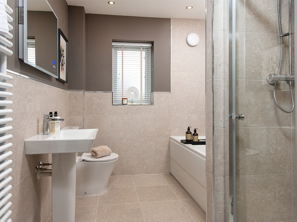 A view of the main bathroom in a Sanderson show home, at Stonebrook Meadows, by Story Homes.