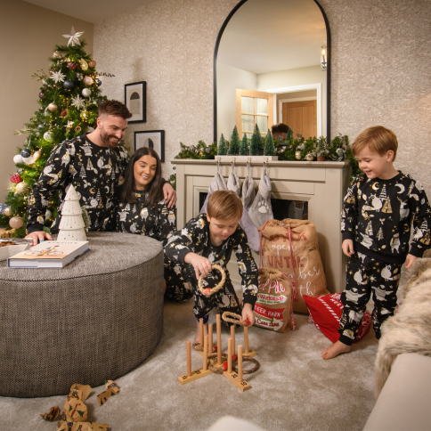 A family enjoying playing a game at Christmas in the living room