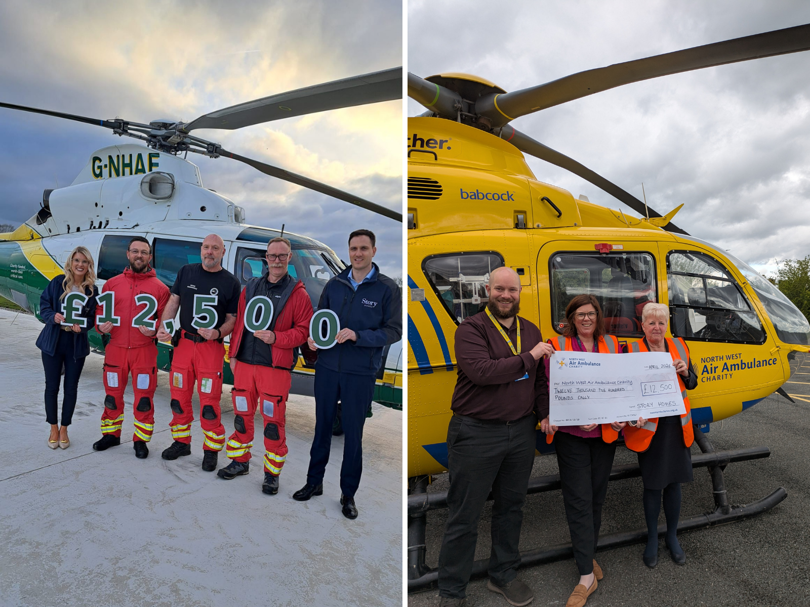 Collage of Story Homes staff presenting cheques to charity partners