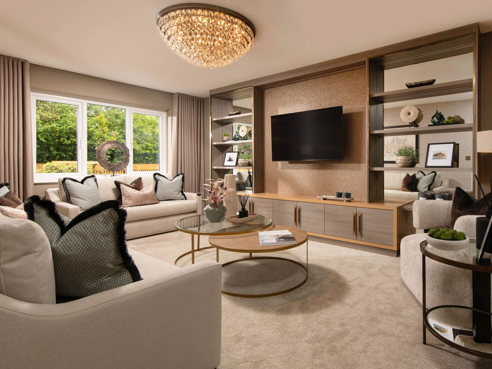 Lounge with media wall and sofas